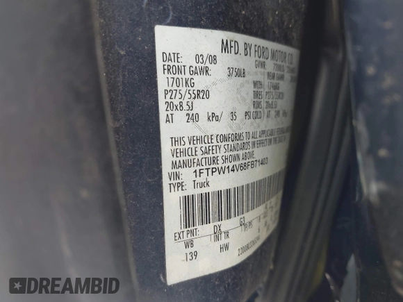 2008 Ford F-150 XLT с VIN 1FTPW14V68FB71403, выставлен на аукционе IAAI как лот 42464477 с пробегом Не указан миль и . История ставок и продаж доступна на DreamBid. Изображение 9.