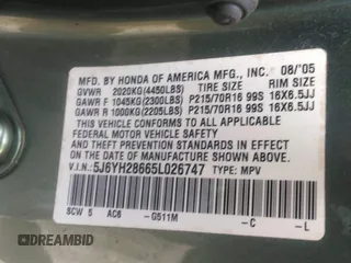 2005 Honda Element EX z VIN 5J6YH28665L026747, wystawiony jako IAAI lot #42332191 z przebiegiem Nie podano mil oraz . Historia ofert i sprzedaży dostępna na DreamBid. Obrazek 9.