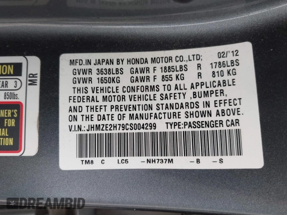 2012 Honda Insight EX with VIN JHMZE2H79CS004299, listed as a IAAI auction lot 42296207 with 170,288 mi miles and . Bid and sale history available at DreamBid. Image 9.