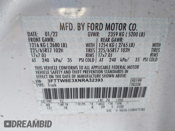 2022 Ford Maverick XL with VIN 3FTTW8E3XNRA32393, listed as a IAAI auction lot 41470451 with 16,669 mi miles and . Bid and sale history available at DreamBid. Image 9.