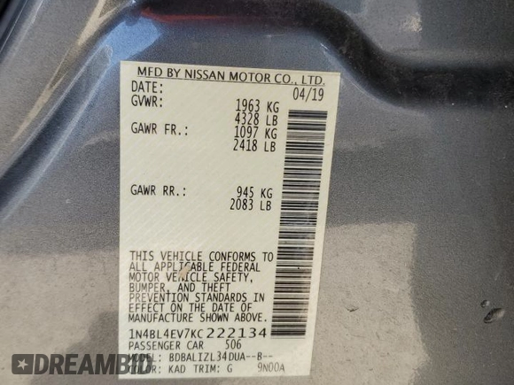 2019 Nissan Altima SL with VIN 1N4BL4EV7KC222134, listed as a Copart auction lot 44501905 with 101,651 mi miles and Salvage Title. Bid and sale history available at DreamBid. Image 14.