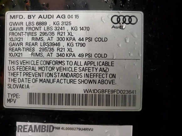 2015 Audi Q7 3.0T S line Prestige with VIN WA1DGBFE9FD023641, listed as a Copart auction lot 37717124 with 106,529 mi miles. Bid and sale history available at carsss.com. Image 13.