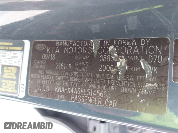 2014 Kia Forte LX with VIN KNAFX4A68E5145665, listed as a IAAI auction lot 42129786 with 192,514 mi miles and . Bid and sale history available at DreamBid. Image 9.