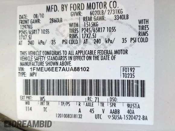2010 Ford Explorer Eddie Bauer with VIN 1FMEU6EE7AUA88102, listed as a Copart auction lot 61833475 with 155,108 mi miles and Salvage title. Bid and sale history available at DreamBid. Image 14.