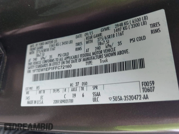 2015 Ford F-150 XLT with VIN 1FTEW1EP1FFC72160, listed as a IAAI auction lot 40351662 with 142,647 mi miles. Bid and sale history available at carsss.com. Image 9.