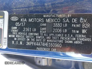 2017 Kia Forte LX with VIN 3KPFK4A74HE160960, listed as a IAAI auction lot 41894868 with 61,501 mi miles. Bid and sale history available at carsss.com. Image 9.
