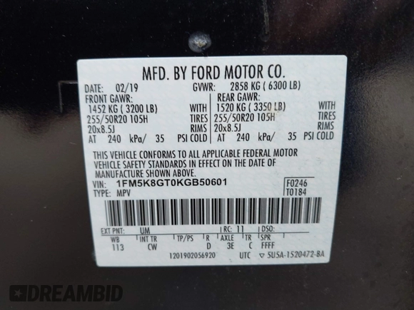 2019 Ford Explorer Sport with VIN 1FM5K8GT0KGB50601, listed as a IAAI auction lot 42280200 with 76,377 mi miles and . Bid and sale history available at DreamBid. Image 9.