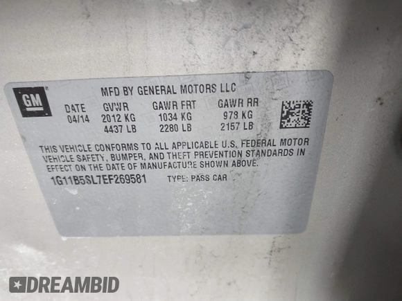 2014 Chevrolet Malibu LS with VIN 1G11B5SL7EF269581, listed as a IAAI auction lot 41826549 with 130,946 mi miles and . Bid and sale history available at DreamBid. Image 9.