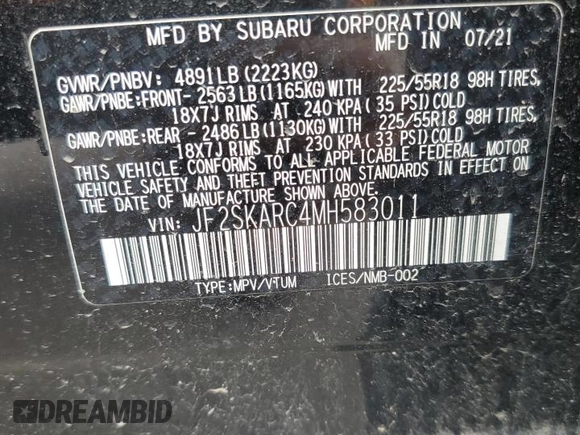 2021 Subaru Forester Special Sports with VIN JF2SKARC4MH583011, listed as a Copart auction lot 63615835 with 33,149 mi miles and Salvage title. Bid and sale history available at DreamBid. Image 13.