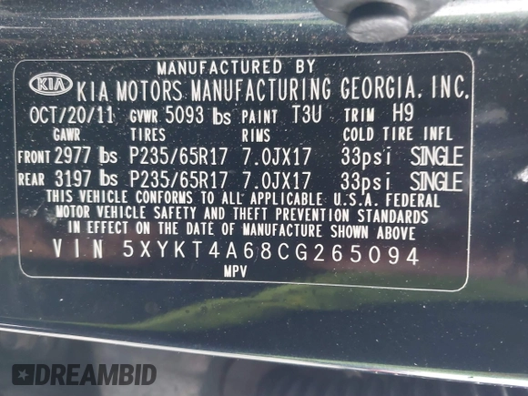 2012 Kia Sorento LX with VIN 5XYKT4A68CG265094, listed as a IAAI auction lot 41712956 with 1 mi miles. Bid and sale history available at carsss.com. Image 9.