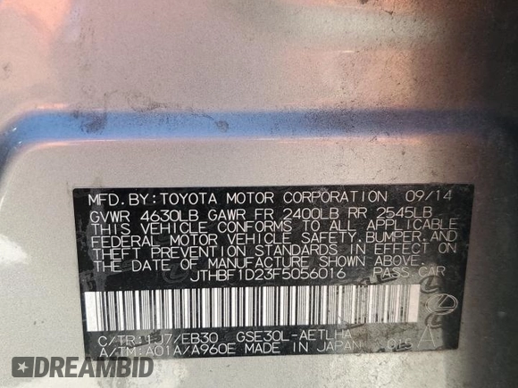 2015 Lexus IS 250 with VIN JTHBF1D23F5056016, listed as a Copart auction lot 49235985 with 192,290 mi miles and Salvage title. Bid and sale history available at DreamBid. Image 13.