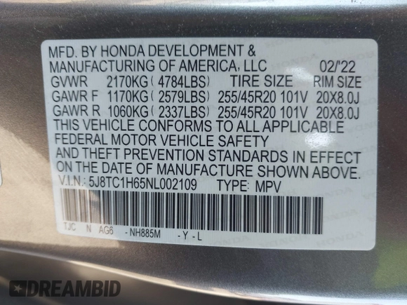 2022 Acura RDX w/A-Spec Package with VIN 5J8TC1H65NL002109, listed as a IAAI auction lot 41132896 with 77,360 mi miles and . Bid and sale history available at carsss.com. Image 9.