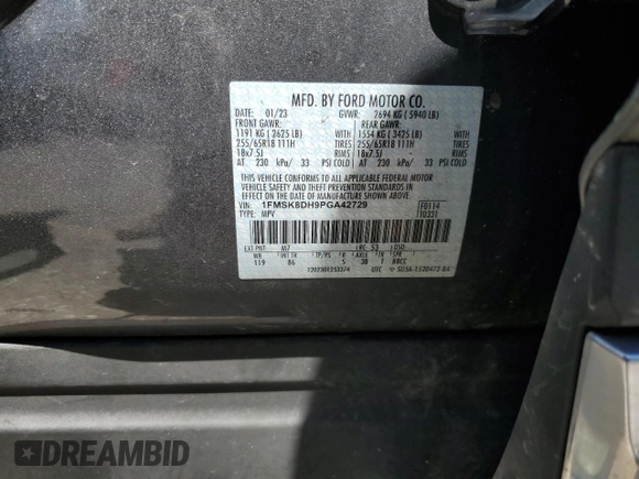2023 Ford Explorer XLT с VIN 1FMSK8DH9PGA42729, выставлен на аукционе Copart как лот 56379625 с пробегом 99 180 миль миль и Списание • Salvage title. История ставок и продаж доступна на DreamBid. Изображение 13.