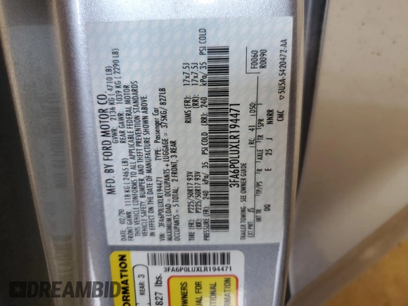 2020 Ford Fusion SE z VIN 3FA6P0LUXLR194471, wystawiony jako Copart lot #55616175 z przebiegiem 94 169 mil mil oraz Tytuł czysty. Historia ofert i sprzedaży dostępna na DreamBid. Obrazek 12.
