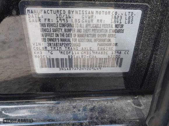 2017 Nissan Sentra S with VIN 3N1AB7AP2HY209649, listed as a IAAI auction lot 41693633 with 120,418 mi miles. Bid and sale history available at carsss.com. Image 9.