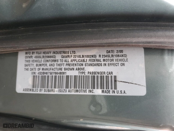 2000 Subaru Legacy Wagon Outback w/GB Equip with VIN 4S3BH6750Y6648081, listed as a Copart auction lot 84545584 with 200,412 mi miles and Salvage Title. Bid and sale history available at carsss.com. Image 12.
