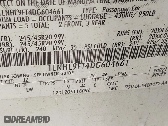 2013 Lincoln MKS EcoBoost with VIN 1LNHL9FT4DG604661, listed as a IAAI auction lot 42211781 with 134,902 mi miles and . Bid and sale history available at DreamBid. Image 9.