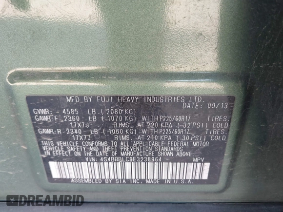 2014 Subaru Outback Limited with VIN 4S4BRBLC9E3238964, listed as a IAAI auction lot 41626397 with 132,510 mi miles and . Bid and sale history available at DreamBid. Image 9.