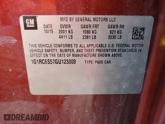 2016 Chevrolet Volt LT with VIN 1G1RC6S57GU123008, listed as a Copart auction lot 69756332 with 0 mi miles. Bid and sale history available at carsss.com. Image 13.