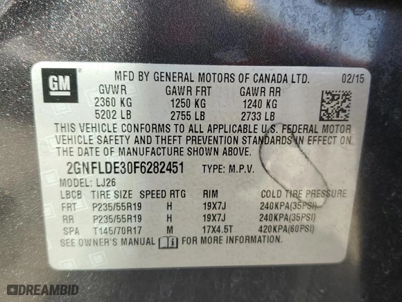 2015 Chevrolet Equinox LTZ with VIN 2GNFLDE30F6282451, listed as a Copart auction lot 52406975 with 104,356 mi miles and Salvage Title. Bid and sale history available at carsss.com. Image 15.