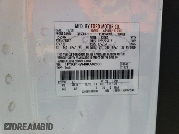 2009 Ford F-150 XL z VIN 1FTRF14W49KA82830, wystawiony jako Copart lot #78040624 z przebiegiem 58 364 mil mil oraz Nie do naprawy • Non repairable. Historia ofert i sprzedaży dostępna na DreamBid. Obrazek 12.