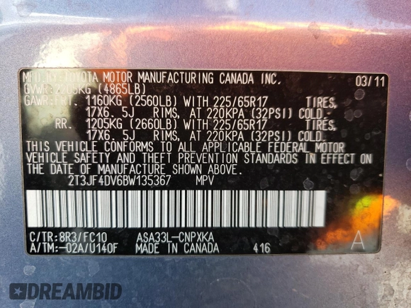 2011 Toyota RAV4 with VIN 2T3JF4DV6BW135367, listed as a Copart auction lot 50302205 with 115,283 mi miles and Salvage Title. Bid and sale history available at carsss.com. Image 13.