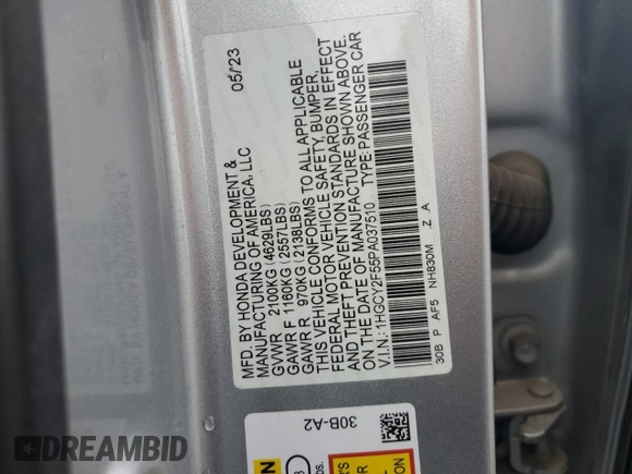 2023 Honda Accord Sport с VIN 1HGCY2F55PA037510, выставлен на аукционе Copart как лот 57072055 с пробегом 42 739 миль миль и Списание • Salvage title. История ставок и продаж доступна на DreamBid. Изображение 12.