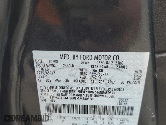 2009 Ford Escape Limited z VIN 1FMCU94G69KA60682, wystawiony jako Copart lot #53935835 z przebiegiem 199 973 mil mil oraz Szkoda całkowita • Salvage title. Historia ofert i sprzedaży dostępna na DreamBid. Obrazek 14.