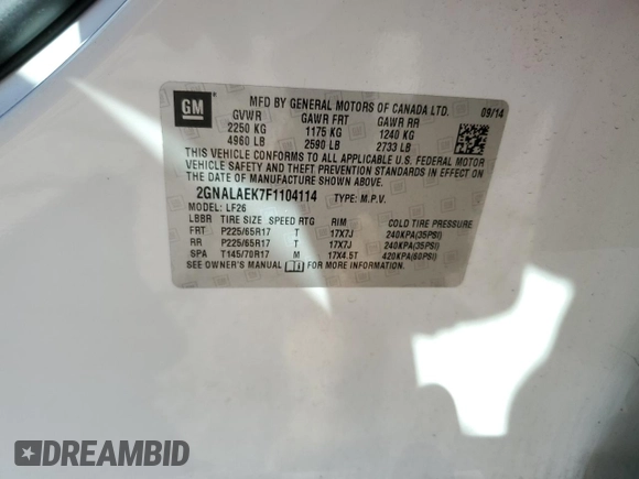 2015 Chevrolet Equinox LS with VIN 2GNALAEK7F1104114, listed as a Copart auction lot 52795135 with 191,413 mi miles and Salvage Title. Bid and sale history available at DreamBid. Image 13.