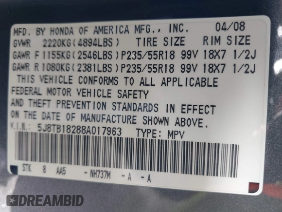 2008 Acura RDX with VIN 5J8TB18288A017963, listed as a IAAI auction lot 41976731 with 140,418 mi miles. Bid and sale history available at carsss.com. Image 9.