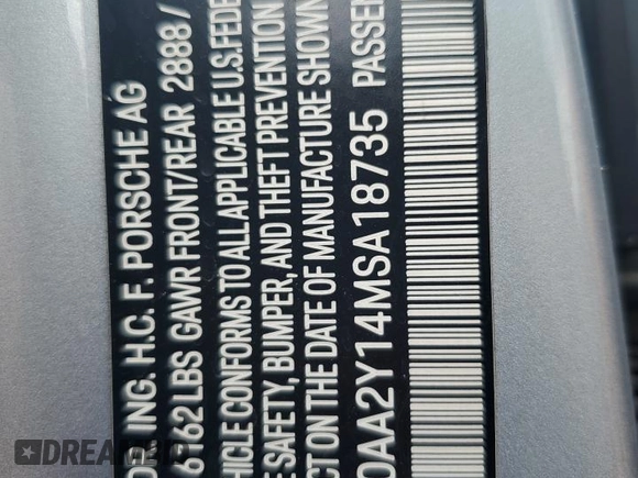 2021 Porsche Taycan z VIN WP0AA2Y14MSA18735, wystawiony jako Copart lot #72616054 z przebiegiem Nie podano mil oraz Szkoda całkowita • Salvage title. Historia ofert i sprzedaży dostępna na DreamBid. Obrazek 13.