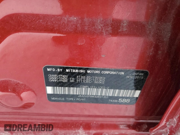 2016 Mitsubishi Lancer SE with VIN JA32V2FW4GU601351, listed as a Copart auction lot 45385585 with 0 mi miles and Salvage Title. Bid and sale history available at carsss.com. Image 12.