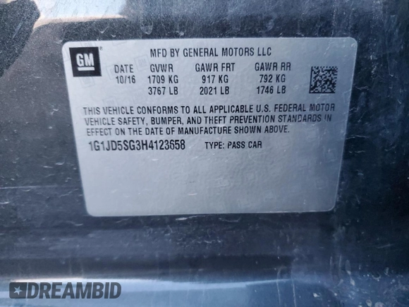 2017 Chevrolet Sonic LT z VIN 1G1JD5SG3H4123658, wystawiony jako Copart lot #89312635 z przebiegiem 121 061 mil mil oraz Szkoda całkowita • Salvage title. Historia ofert i sprzedaży dostępna na DreamBid. Obrazek 15.