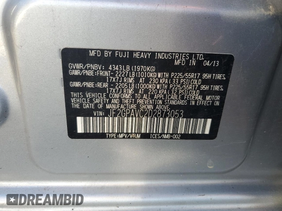2013 Subaru Crosstrek Premium with VIN JF2GPAVC2D2873053, listed as a Copart auction lot 62142005 with 75,286 mi miles and Salvage title. Bid and sale history available at DreamBid. Image 12.