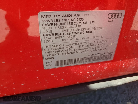 2016 Audi Q3 Premium Plus with VIN WA1BFCFS6GR015295, listed as a Copart auction lot 76008214 with 58,843 mi miles and Salvage title. Bid and sale history available at DreamBid. Image 15.