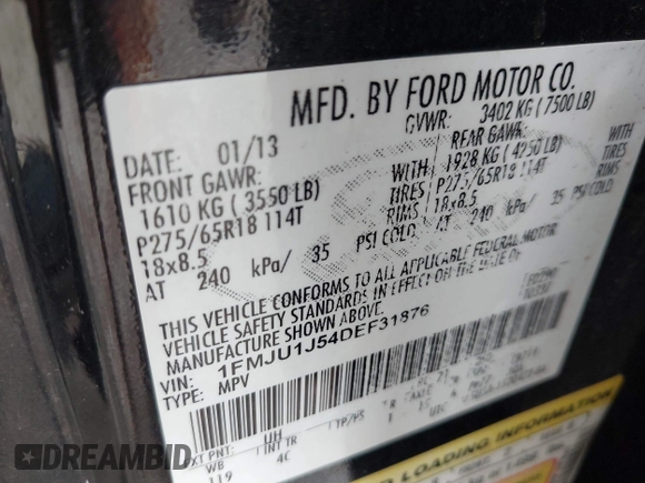 2013 Ford Expedition XLT с VIN 1FMJU1J54DEF31876, выставлен на аукционе IAAI как лот 42512937 с пробегом 240 046 миль миль и . История ставок и продаж доступна на DreamBid. Изображение 9.