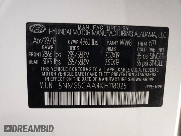 2019 Hyundai Santa Fe Ultimate with VIN 5NMS5CAA4KH118025, listed as a Copart auction lot 63428112 with 28,852 mi miles. Bid and sale history available at carsss.com. Image 10.