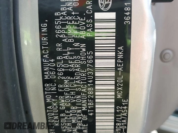 2004 Toyota Avalon XL z VIN 4T1BF28B14U377665, wystawiony jako Copart lot #55421495 z przebiegiem 174 323 mil mil oraz Szkoda całkowita • Salvage title. Historia ofert i sprzedaży dostępna na DreamBid. Obrazek 12.