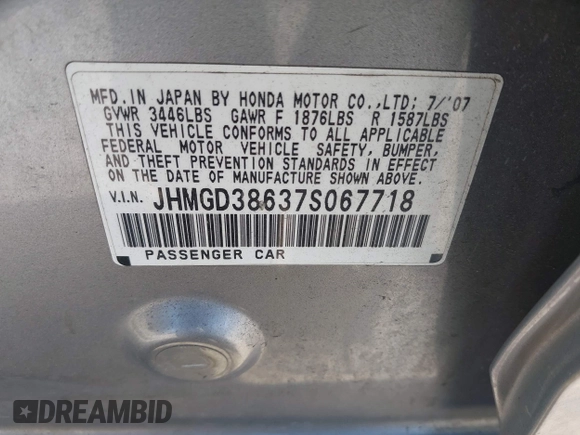 2007 Honda Fit Sport with VIN JHMGD38637S067718, listed as a IAAI auction lot 42348751 with 135,198 mi miles and . Bid and sale history available at DreamBid. Image 9.