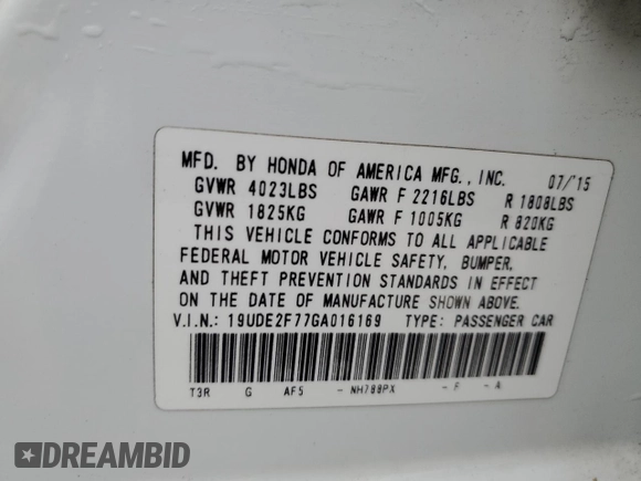 2016 Acura ILX Premium with VIN 19UDE2F77GA016169, listed as a Copart auction lot 59332795 with 76,785 mi miles and Salvage title. Bid and sale history available at DreamBid. Image 12.