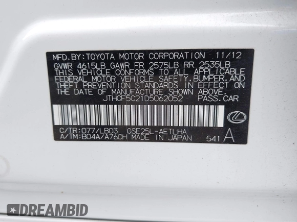 2013 Lexus IS 250 with VIN JTHCF5C21D5062052, listed as a IAAI auction lot 42121728 with 96,984 mi miles and . Bid and sale history available at DreamBid. Image 9.