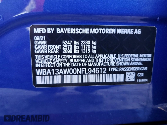 2022 BMW 4 Series M440i xDrive с VIN WBA13AW00NFL94612, выставлен на аукционе Copart как лот 76690314 с пробегом Не указан миль и Списание • Salvage title. История ставок и продаж доступна на DreamBid. Изображение 14.