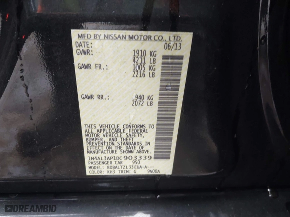2013 Nissan Altima 2.5 SV with VIN 1N4AL3AP1DC903339, listed as a IAAI auction lot 41768567 with 120,953 mi miles. Bid and sale history available at carsss.com. Image 9.