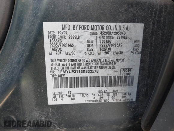 2003 Ford Escape XLT Popular 2 with VIN 1FMYU93113KB33578, listed as a IAAI auction lot 41985463 with 103,500 mi miles and . Bid and sale history available at DreamBid. Image 9.