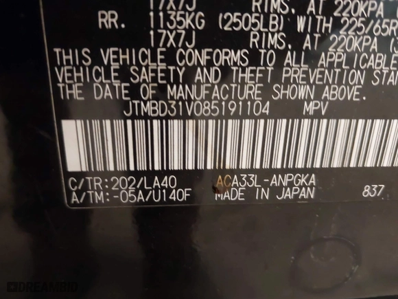 2008 Toyota RAV4 Ltd with VIN JTMBD31V085191104, listed as a IAAI auction lot 41543690 with 131,861 mi miles. Bid and sale history available at carsss.com. Image 9.