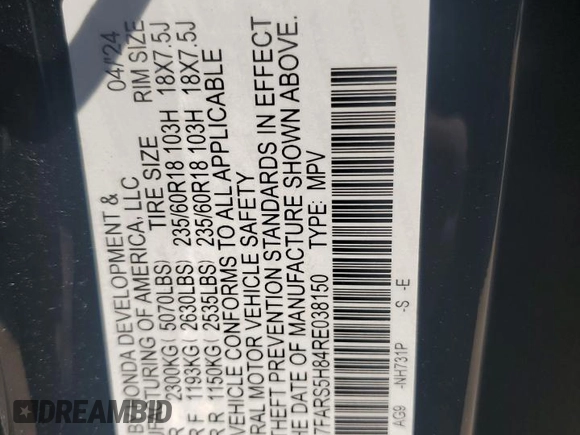 2024 Honda CR-V Sport-L with VIN 7FARS5H84RE038150, listed as a Copart auction lot 48692645 with 36,132 mi miles and Salvage Title. Bid and sale history available at DreamBid. Image 14.
