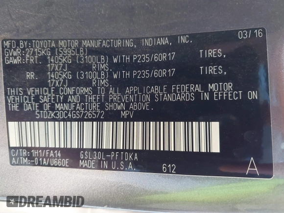2016 Toyota Sienna L with VIN 5TDZK3DC4GS726572, listed as a IAAI auction lot 41486036 with 138,162 mi miles and . Bid and sale history available at DreamBid. Image 9.