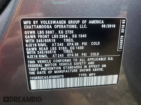 2018 Volkswagen Atlas SE with VIN 1V2KR2CA2JC580073, listed as a Copart auction lot 58898265 with 69,377 mi miles and Salvage title. Bid and sale history available at DreamBid. Image 13.