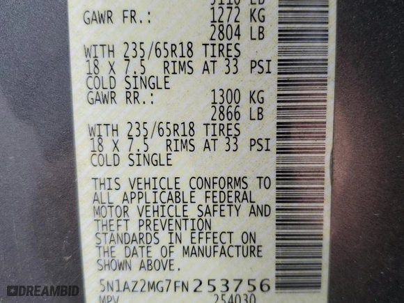 2015 Nissan Murano SL with VIN 5N1AZ2MG7FN253756, listed as a Copart auction lot 45412155 with 90,104 mi miles and Salvage Title. Bid and sale history available at carsss.com. Image 15.