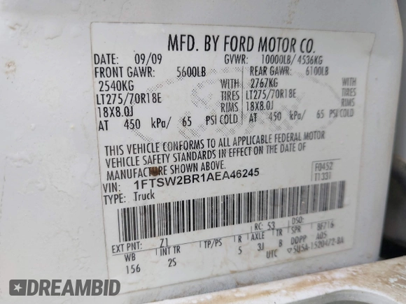 2010 Ford Super Duty F-250 SRW XL with VIN 1FTSW2BR1AEA46245, listed as a IAAI auction lot 41818459 with 148,668 mi miles. Bid and sale history available at carsss.com. Image 9.